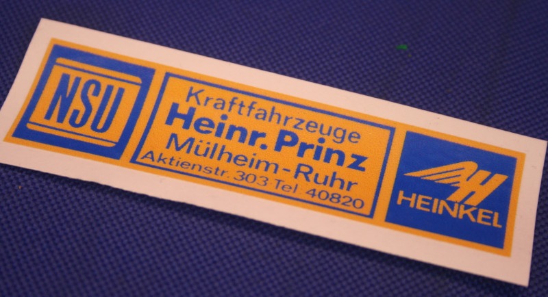 Aufkleber Heinrich Prinz M&uuml;hlheim ca.97x26mm NSU + Heinkel